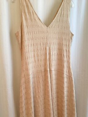 FORCYNTHIA… Tan Boho Artsy Lined, Uneven Hem, Midi Dress, size Lge.